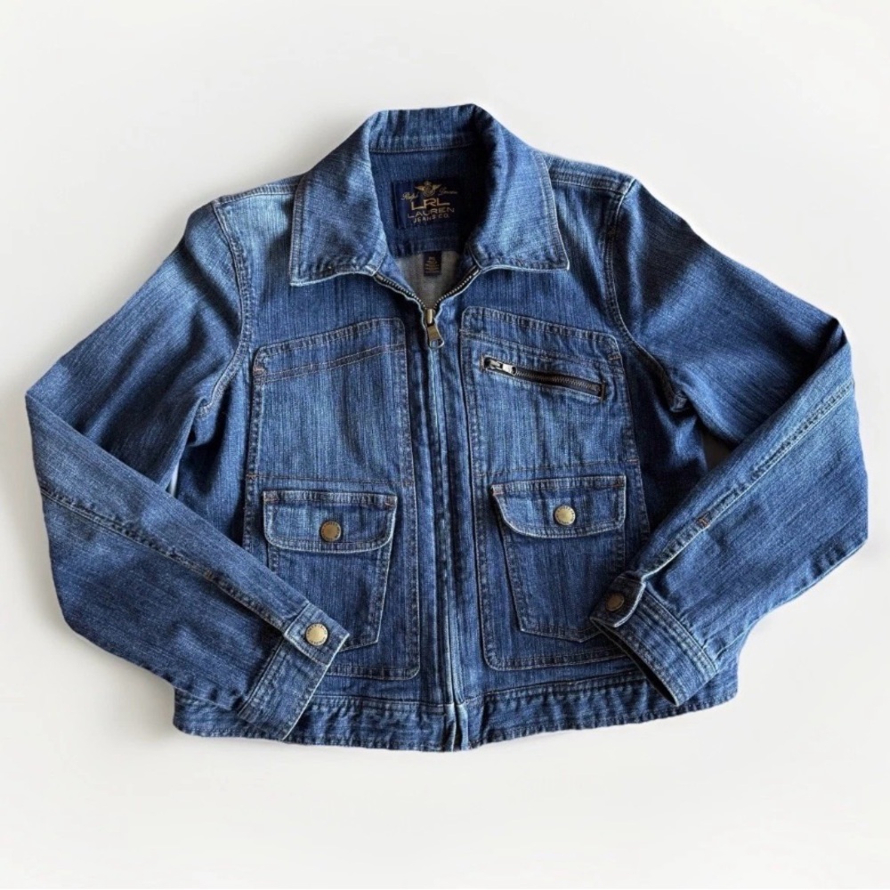 VTG Lauren Ralph Lauren Women's Petite P/L Blue Jacket Zip Button Pockets Short